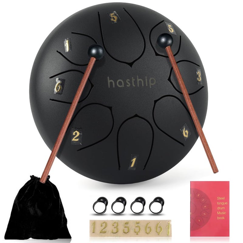 HASTHIP ® Steel Tongue Drum 8 Note, 6 inch Percussion Instrument Handpan Drum with Bag, Music Book and Mallets for Kids and Adults Meditation Musical Education Concert Mind Healing Yoga (Black) - Image 1