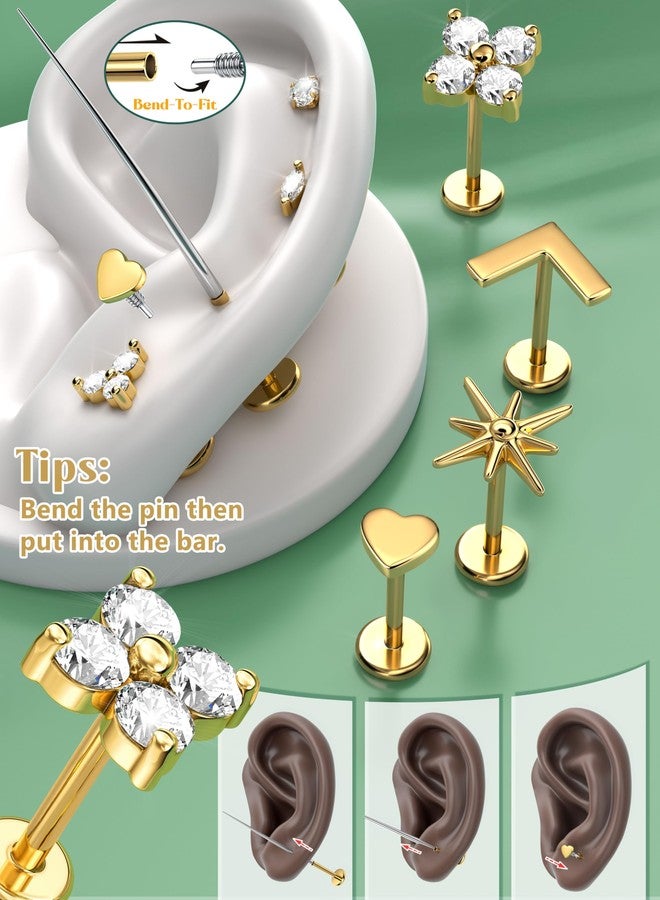 ORAZIO Flat Back Stud Earrings for Women Surgical Steel Nose Stud Hypoallergenic Nose Piercing Jewelry Gold 16G Cartilage Earring Helix Tragus Medusa Labret Piercing Jewelry With Piercing Ball Grabber Tool A - Image 3