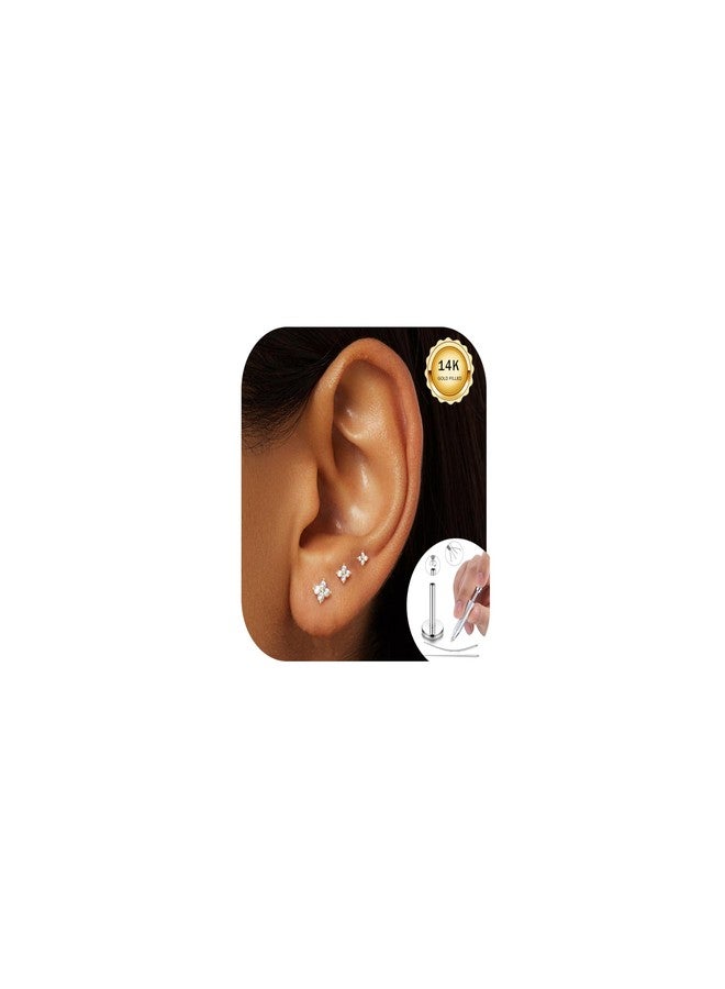 ORAZIO Flat Back Stud Earrings for Women Surgical Steel Nose Stud Hypoallergenic Nose Piercing Jewelry Gold 16G Cartilage Earring Helix Tragus Medusa Labret Piercing Jewelry With Piercing Ball Grabber Tool A - Image 1