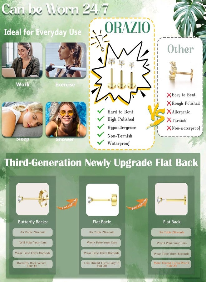 ORAZIO Flat Back Stud Earrings for Women Surgical Steel Nose Stud Hypoallergenic Nose Piercing Jewelry Gold 16G Cartilage Earring Helix Tragus Medusa Labret Piercing Jewelry With Piercing Ball Grabber Tool A - Image 4