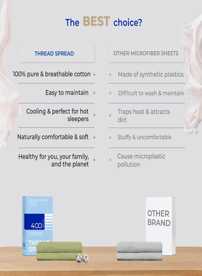 THREAD SPREAD 100% Cotton Pillowcases Standard/Queen Size Set of 2-400 Thread Count Cotton Pillowcases, Ultra Soft Cool Sateen Weave Pillow Cases for Sleeping, Set of 2 Pillow Covers (Herb Green) - Image 5