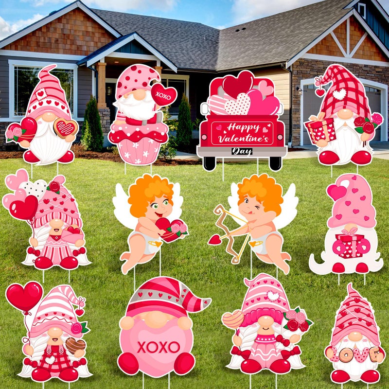 Glenmal 12 Pcs Valentine's Day Yard Signs with Stakes Valentine Gnomes Lawn Decorations Outdoor Love Swedish Corrugated Decor for Wedding Anniversary Party - Image 1