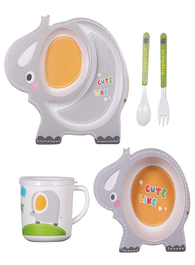 Toriox Dinner Set for Kids Feeding Bamboo Fiber Plates, Bowl, Spoon for Kids, Tableware Baby Boy Girl Reusable Crockery Dinner Set Kids Dinner Plate, Serveware 5 Pc Set (Multi Color) (Elephant) - Image 2