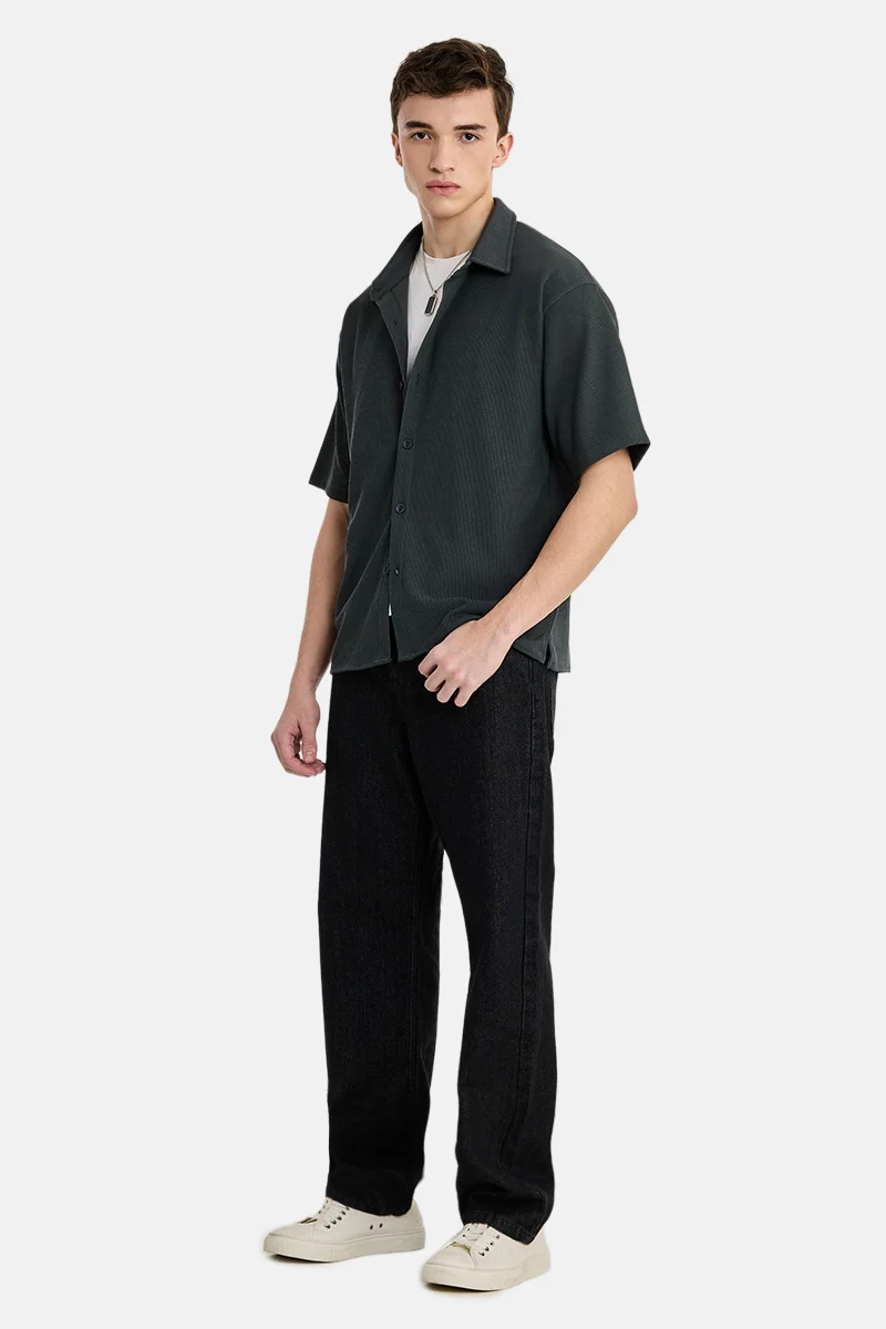سنيتش Dark Grey Ribbed Half Sleeve Oversized Casual Shirt