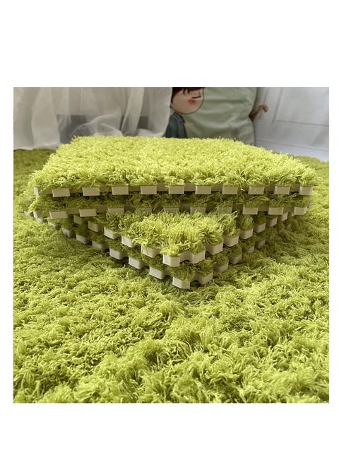 ARCOON 10 Pcs Plush Puzzle Foam Floor Mat with Border, Fluffy Carpet Squares Thick Interlocking Shaggy Carpet Tiles, Anti-Slip Protective Area Rug Tiles Play Mat for Parlor Bedroom - Green