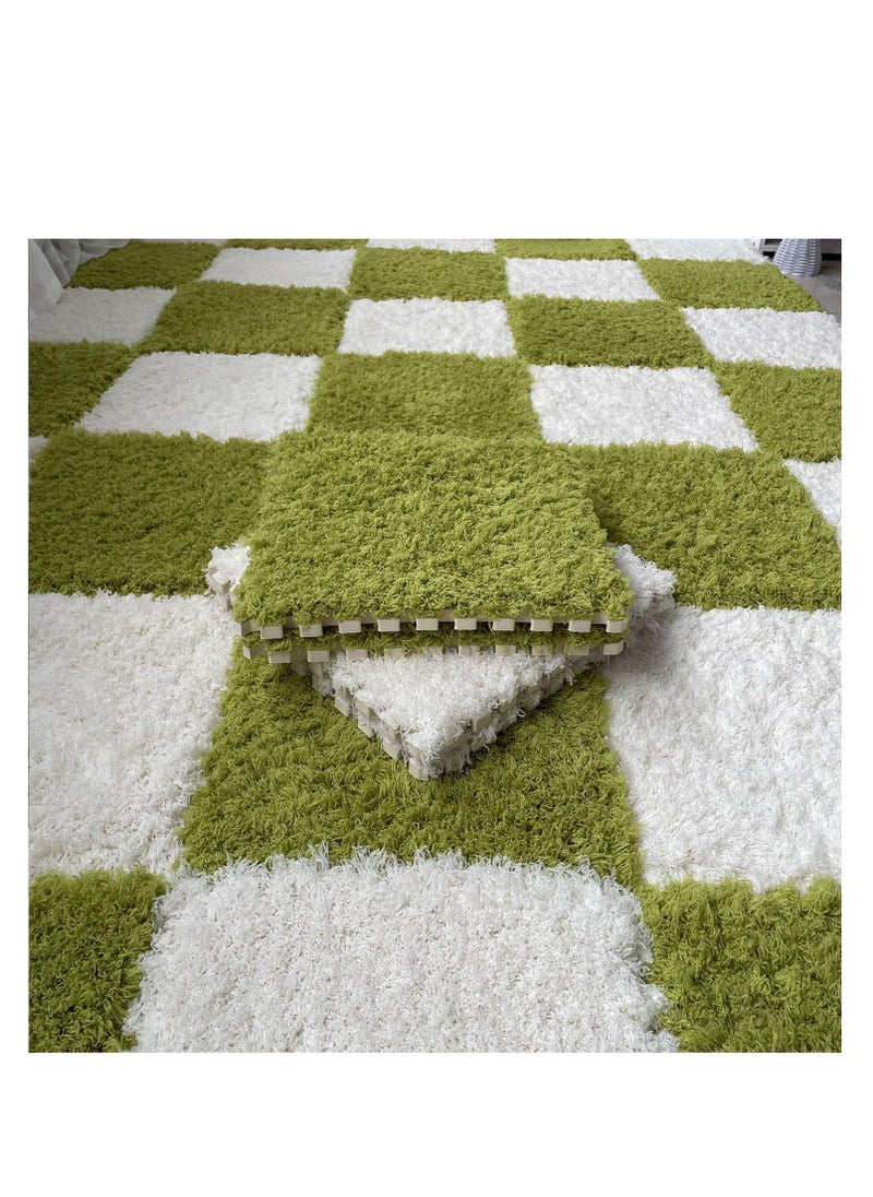 ARCOON - ARCOON 10 Pcs Plush Puzzle Foam Floor Mat with Border, Fluffy Carpet Squares Thick Interlocking Shaggy Carpet Tiles, Anti-Slip Protective Area Rug Tiles Play Mat for Parlor Bedroom - Green - Image 1