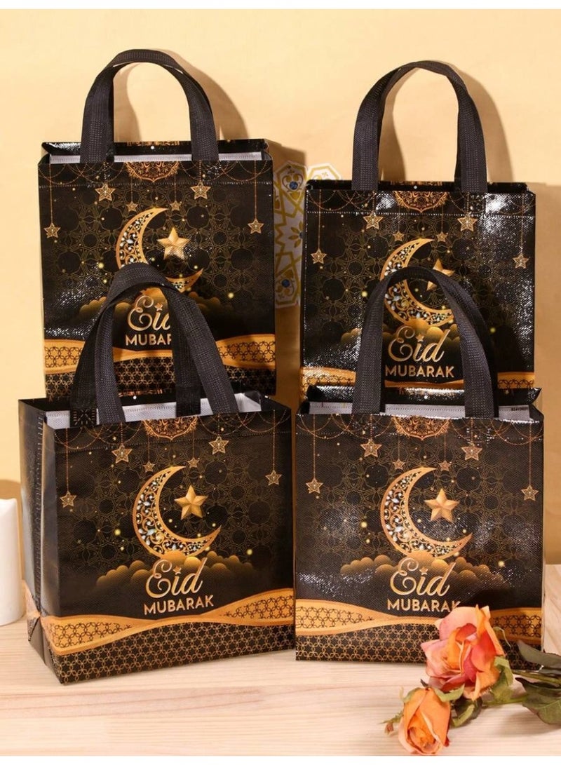توزيعات العيد أكياس هدايا العيد بتصميم أسود وذهبي مع هلال ونجوم وعبارة عيد مبارك 8 قطع - Image 2