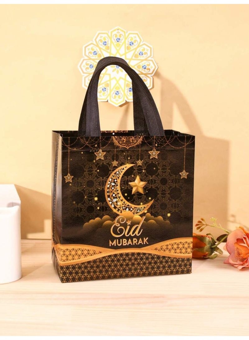 توزيعات العيد أكياس هدايا العيد بتصميم أسود وذهبي مع هلال ونجوم وعبارة عيد مبارك 8 قطع - Image 4