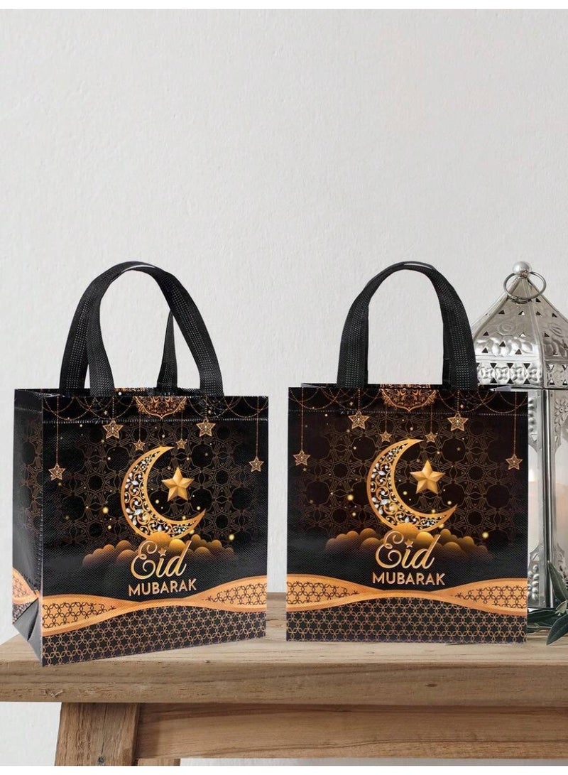 توزيعات العيد أكياس هدايا العيد بتصميم أسود وذهبي مع هلال ونجوم وعبارة عيد مبارك 8 قطع - Image 5