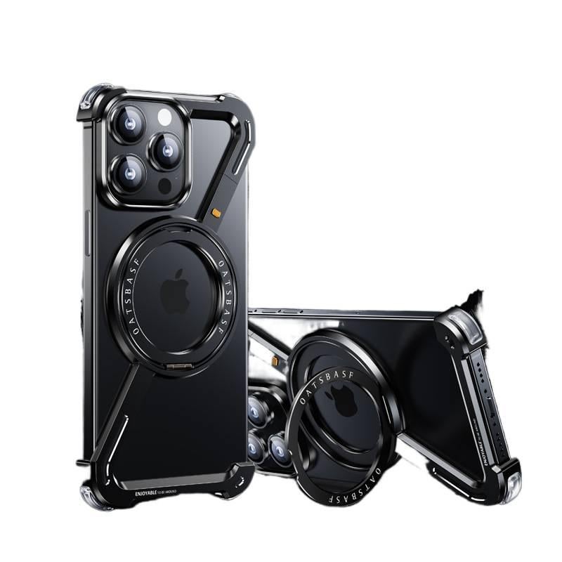 Metal MagSafe Case for iPhone 15 / 15 Plus / 15 Pro / 15 Pro Max with Shockproof and Rotating Magnetic Kickstand plus Shockproof plus Metal Hollowed-Out Design plus Scratch Resistant in Black - Image 1