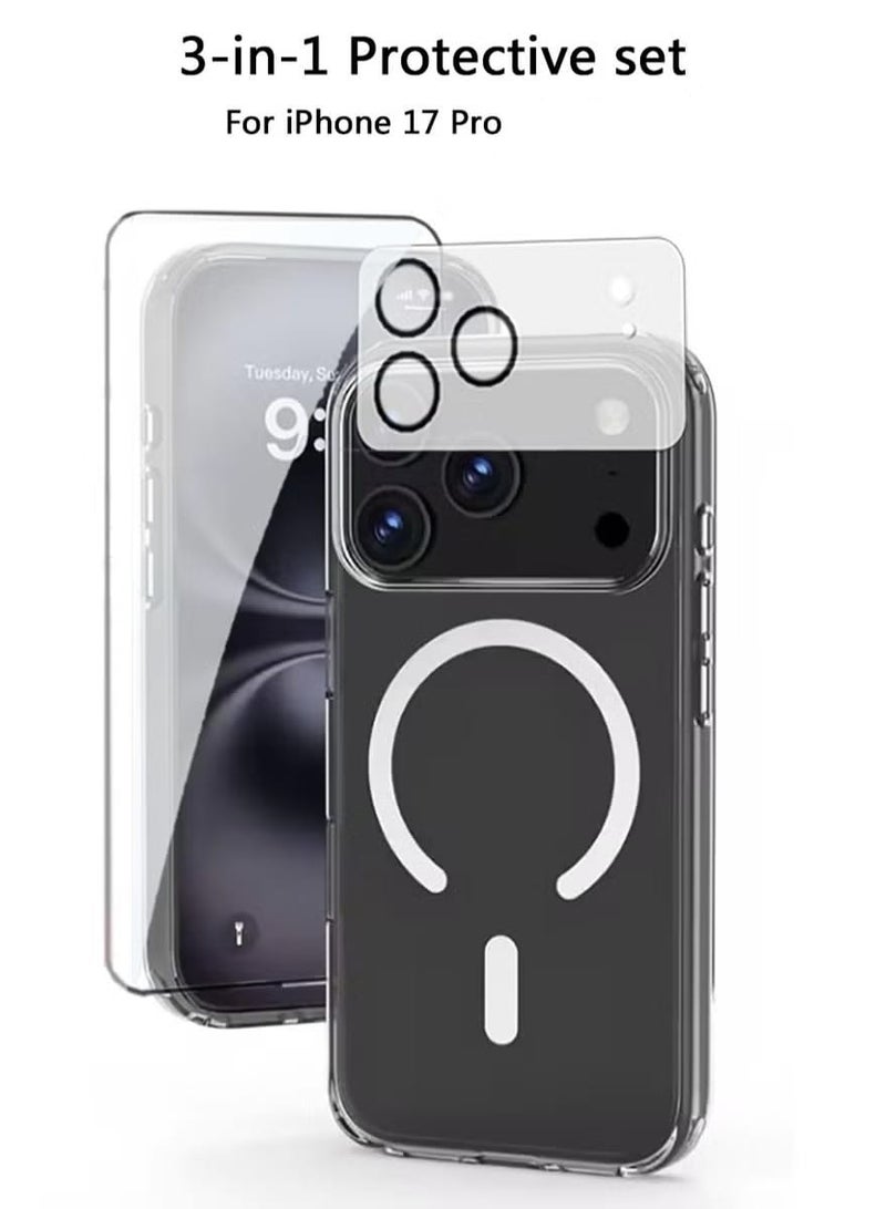 مجموعة حماية 3 في 1 لهاتف iPhone 17 Pro - جراب شفاف مقاوم للصدمات متوافق مع MagSafe + واقي شاشة من الزجاج المقوى + واقي عدسة الكاميرا - تغطية كاملة 360 درجة