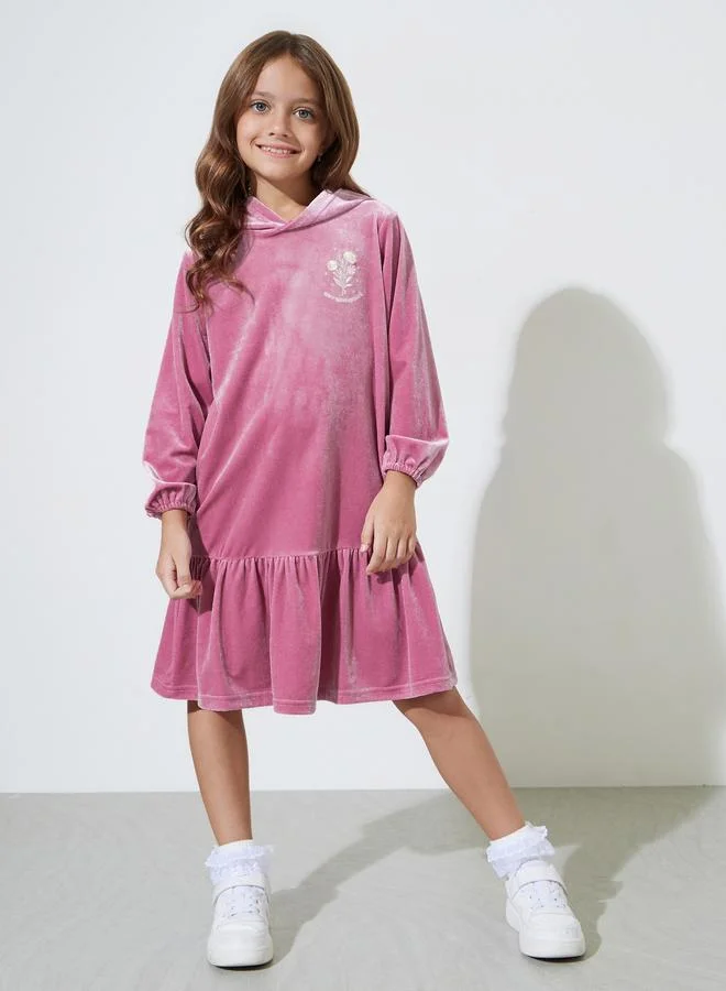 Styli Girls Pink Embroidered Ruffle Details Hooded Midi Dress