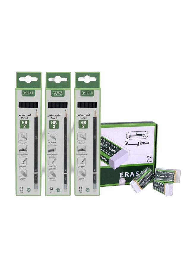 Roco HB2 Pencils with Erasers 36 Pencils + 30-Piece White Eraser Set - Image 1