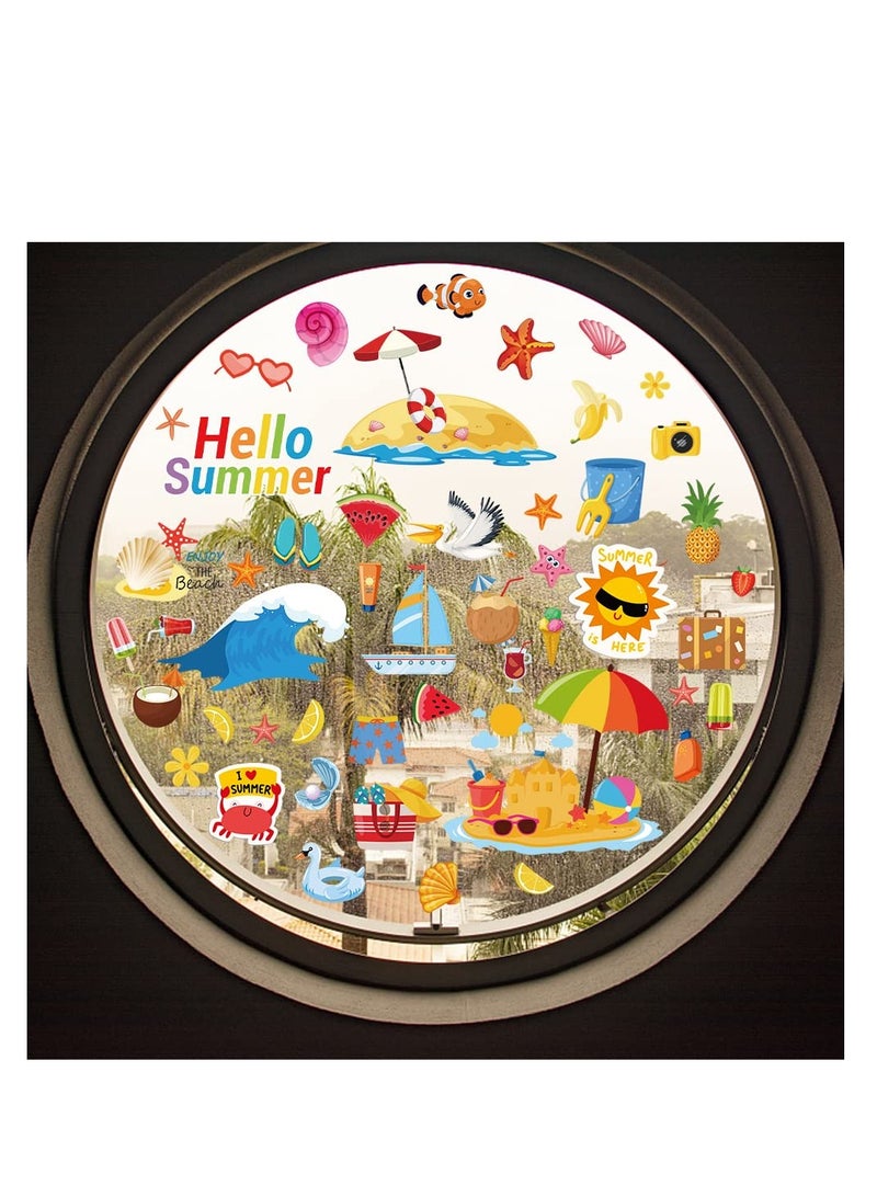 KASTWAVE لاصقات نوافذ صيفية، 9 أوراق لاصقات نوافذ صيفية ثابتة، ملصقات نوافذ مزدوجة الجوانب لحفلة شاطئية ومسبح صيفية، لاصقات نوافذ شاطئية للمناطق الاستوائية الهاواي، حفلة صيفية داخلية - Image 4