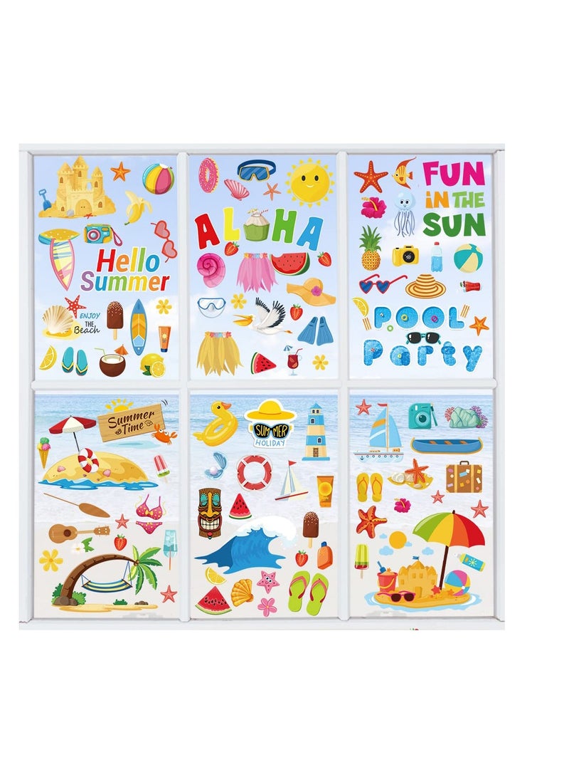 KASTWAVE لاصقات نوافذ صيفية، 9 أوراق لاصقات نوافذ صيفية ثابتة، ملصقات نوافذ مزدوجة الجوانب لحفلة شاطئية ومسبح صيفية، لاصقات نوافذ شاطئية للمناطق الاستوائية الهاواي، حفلة صيفية داخلية - Image 1