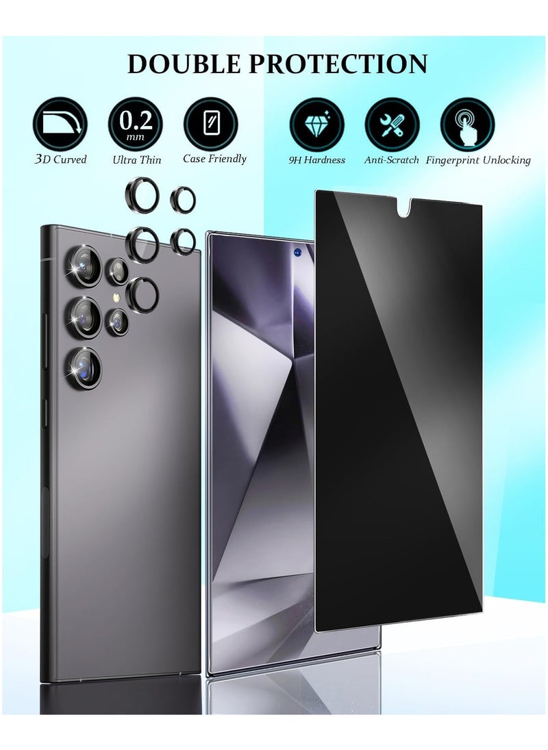 Denx Privacy Screen Protector Compatible with Samsung Galaxy S24 Ultra, CD Texture Tempered Glass, With Black Camera Lens Protector, Support Fingerprint ID  - Image 2