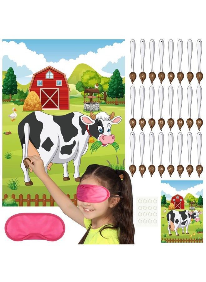 PLULON Pin The Tail on The Cow Party Game for Kids, Cow Farm Themed Animal Birthday Games Poster with Tail Stickers for Kids Farm Animal Donkey Party Favors Home Wall Decorations - Image 1