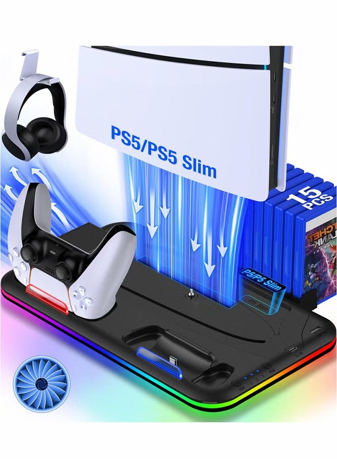 HOOPZOZA PS5 Stand and Cooling Station with Dual Controller Charging Station for Sony PlayStation 5 Console, PS5 Accessories Incl. Controller Charger, Cooling fan, Headset holder ( Fit PS5 FAT , SLIM ,SLIM PRO Versions) White  - Image 2