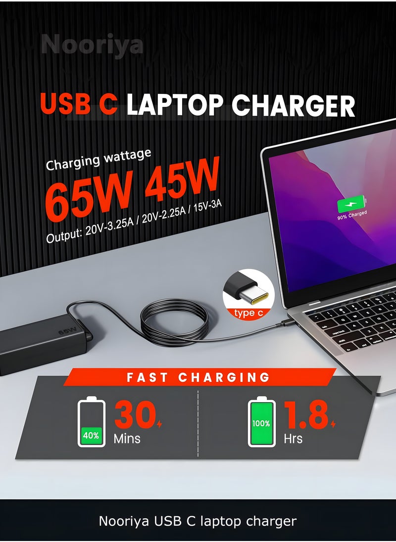 Nooriya 65W 45W USB-C Laptop Charger Compatible with Lenovo ThinkPad T480 T570 E490 E580 T14 T15 Chromebook 300e 500e Yoga C930 HP Elitebook 1030 1040 Zbook 14u 15u Dell ASUS Acer Power Adapter  - Image 2