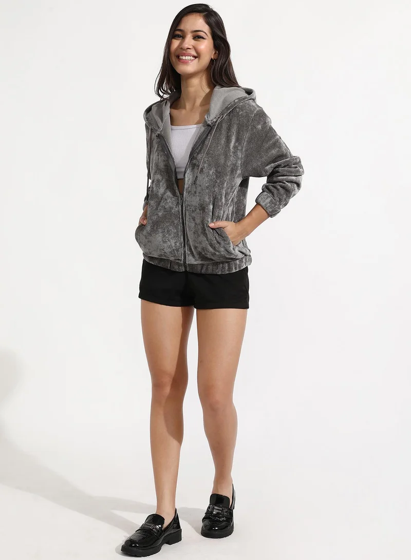 Campus Sutra Women's Dark Grey Ribbed Hoodie With Zip-Closure