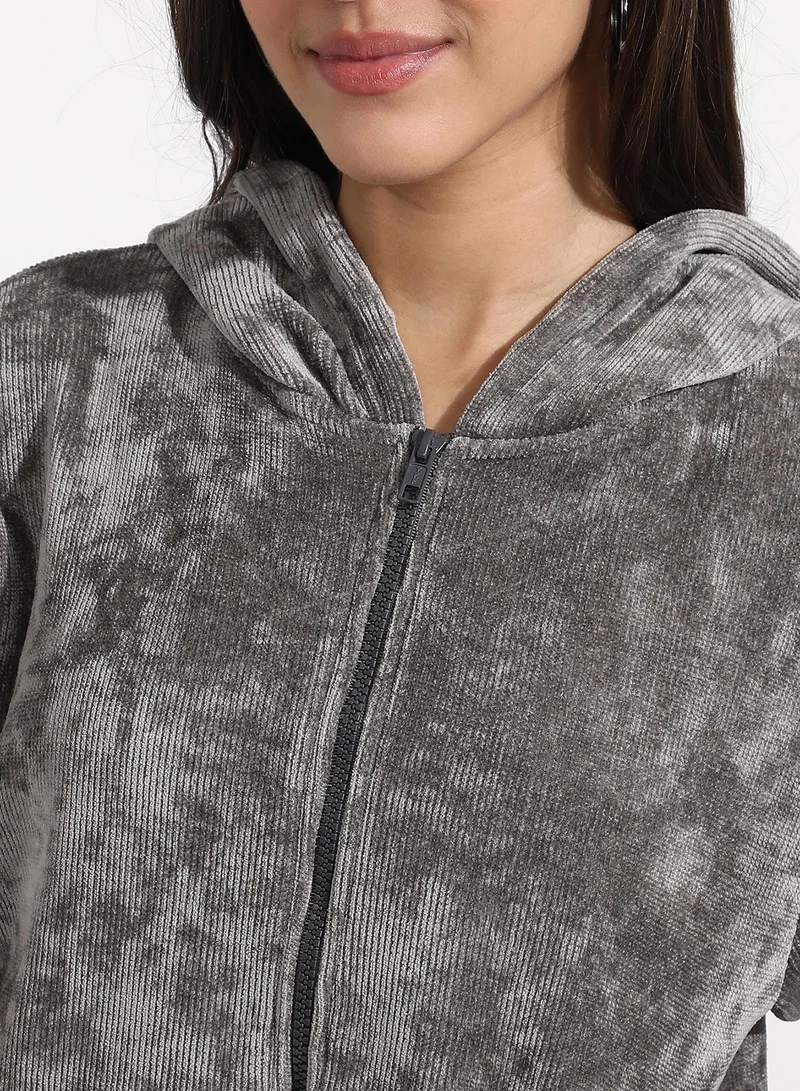 Campus Sutra Women's Dark Grey Ribbed Hoodie With Zip-Closure