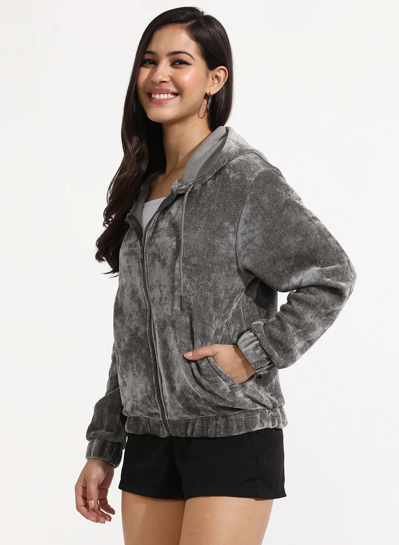 Campus Sutra Women's Dark Grey Ribbed Hoodie With Zip-Closure