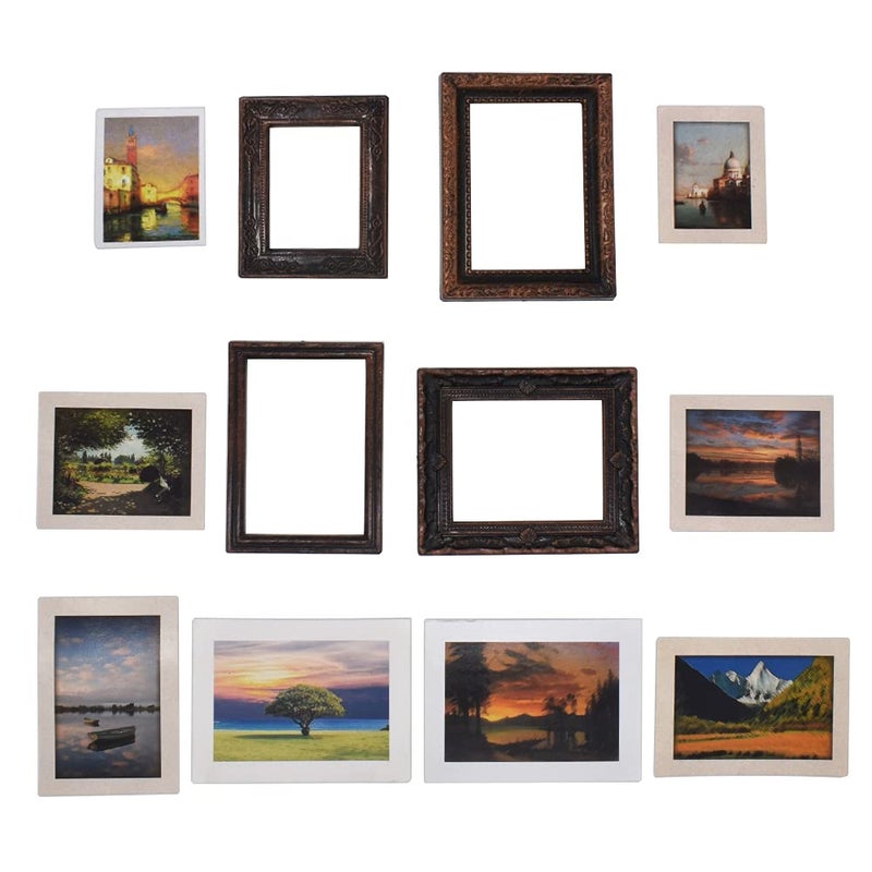 iLAND Miniature Dollhouse Accessories  4 Dollhouse Picture Frames Set w/Printed Paintings (4 Dark Brass Frames w/ 8 Pictures) - Image 1