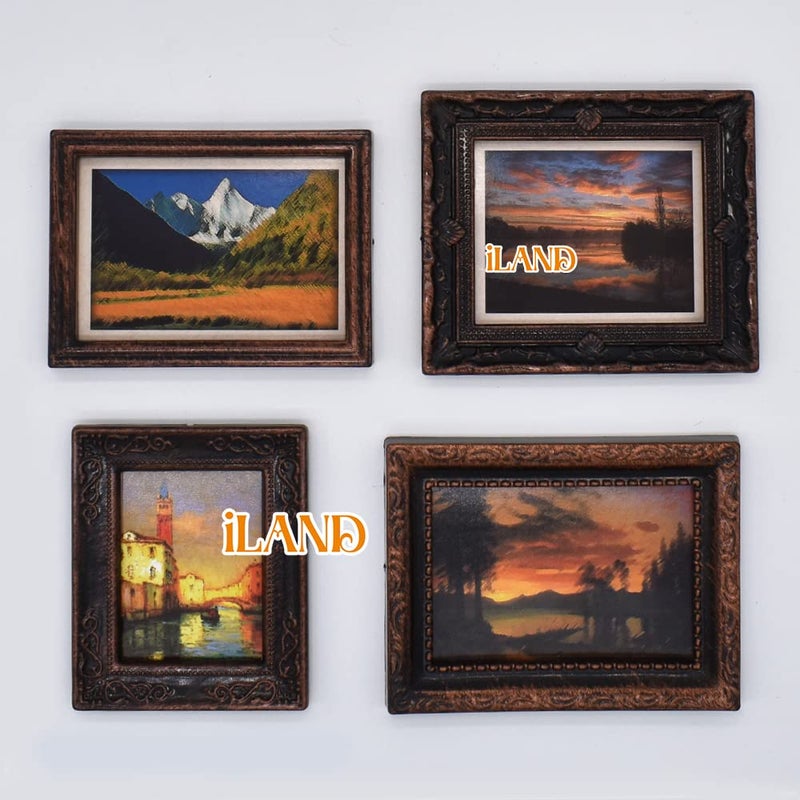 iLAND Miniature Dollhouse Accessories  4 Dollhouse Picture Frames Set w/Printed Paintings (4 Dark Brass Frames w/ 8 Pictures) - Image 3