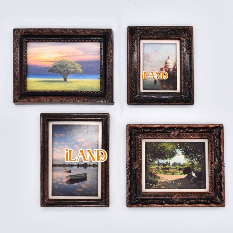 iLAND Miniature Dollhouse Accessories  4 Dollhouse Picture Frames Set w/Printed Paintings (4 Dark Brass Frames w/ 8 Pictures) - Image 4