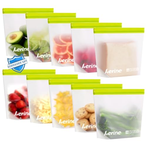 Lerine 10 Pack Stand-Up Reusable Sandwich Bags, Dishwasher Safe Leakproof Food Storage Bags, BPA Free Reusable Freezer Bags for Meal Prep,Sandwich,Home Organization (Green, 10Sandwich) - Image 1