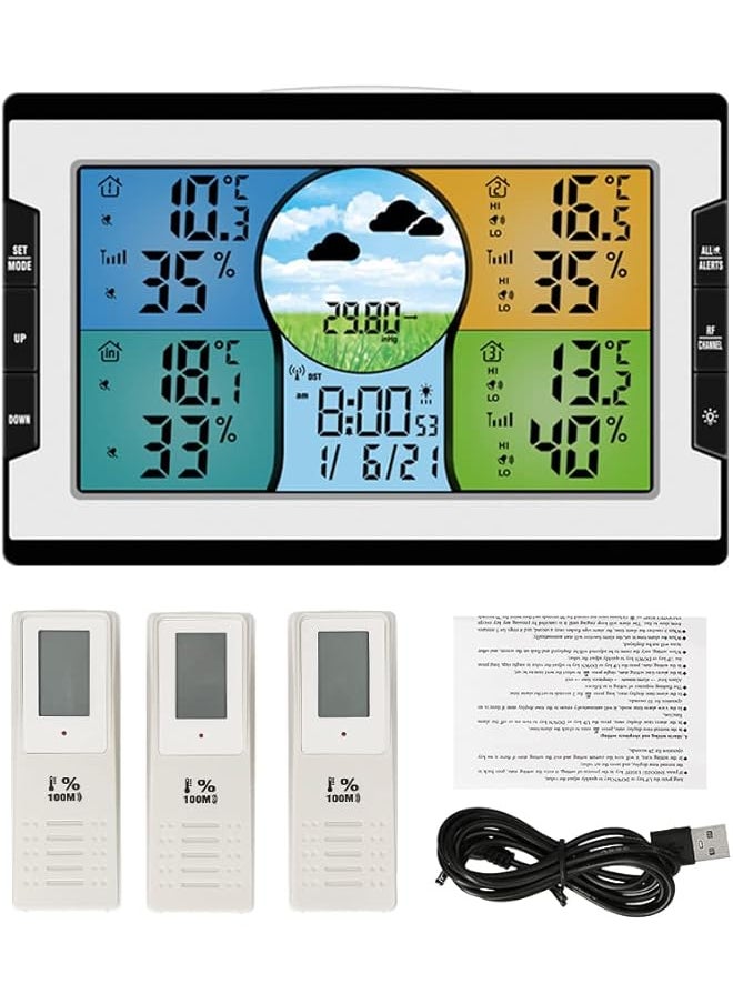 erorex Digital Multifunctional Clock Rf 4 Channels Indoor And Outdoor Temperature And Humidity Indicator With Warning Alarm Meteorological Station Weather Forecast Air Pressure Large Color Display With  - Image 2