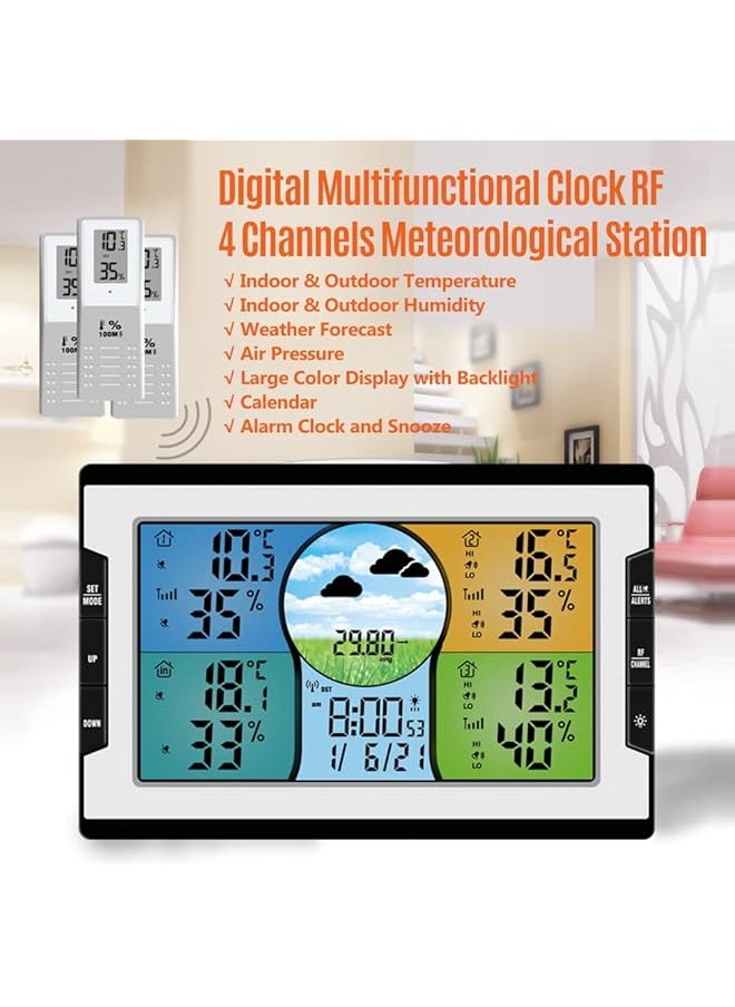 erorex Digital Multifunctional Clock Rf 4 Channels Indoor And Outdoor Temperature And Humidity Indicator With Warning Alarm Meteorological Station Weather Forecast Air Pressure Large Color Display With  - Image 3
