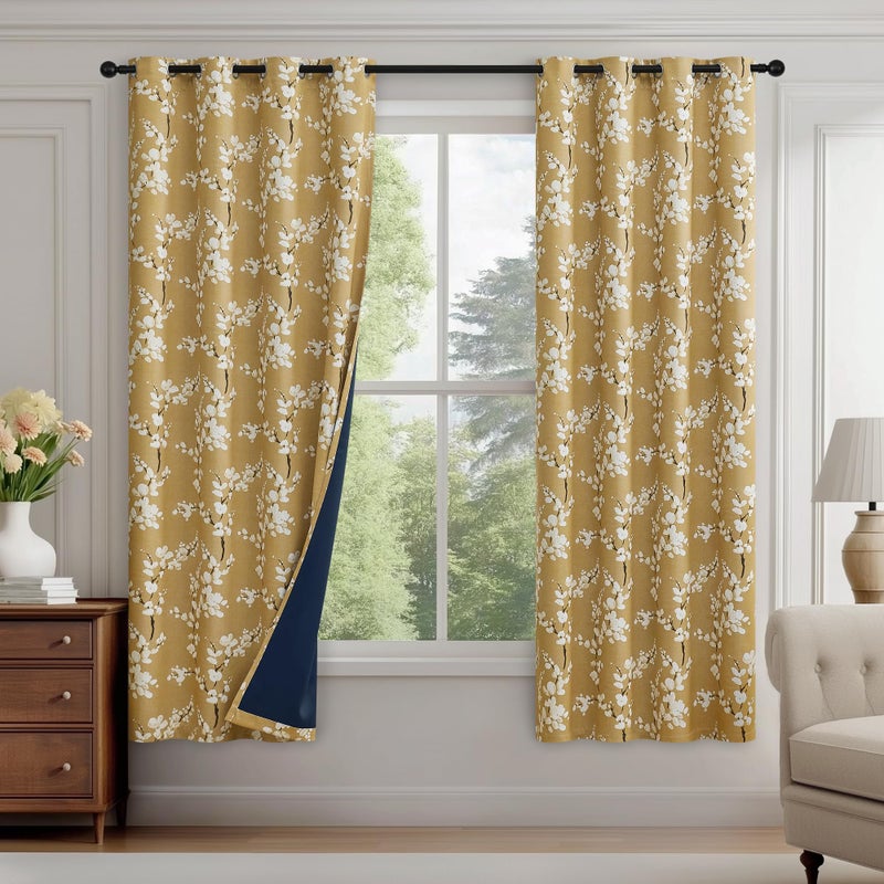 FMFUNCTEX 100% Blackout Floral Curtains for Bedroom, Mustard Yellow Curtain 63 inch Length Blossom Patterned for Living Room, Thermal Insulated Farmhouse Drapes, Grommet Top 2 Panels (White on Yellow) - Image 1