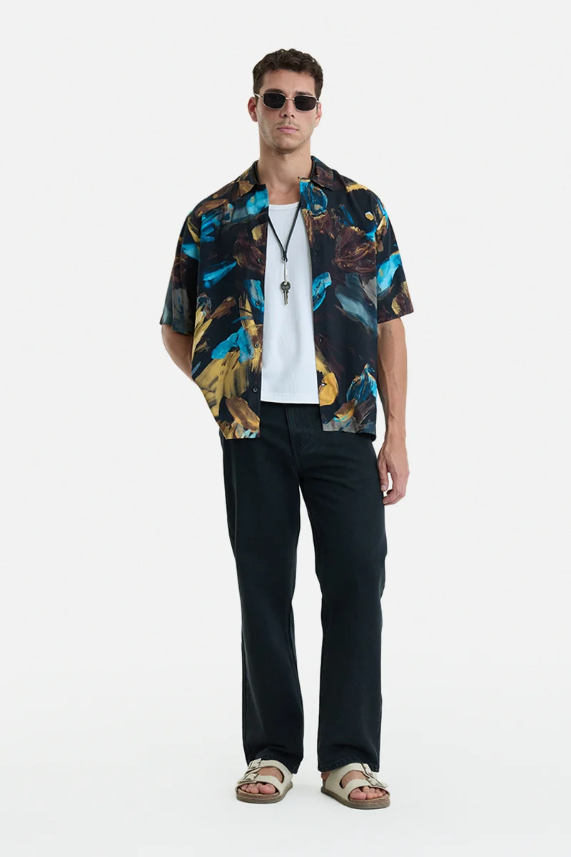 SNITCH Black Abstract Half Sleeve Oversized Vacation Shirt