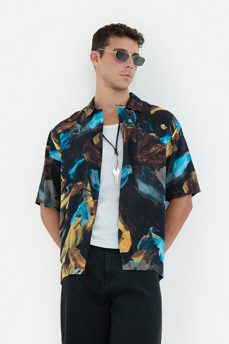 SNITCH Black Abstract Half Sleeve Oversized Vacation Shirt