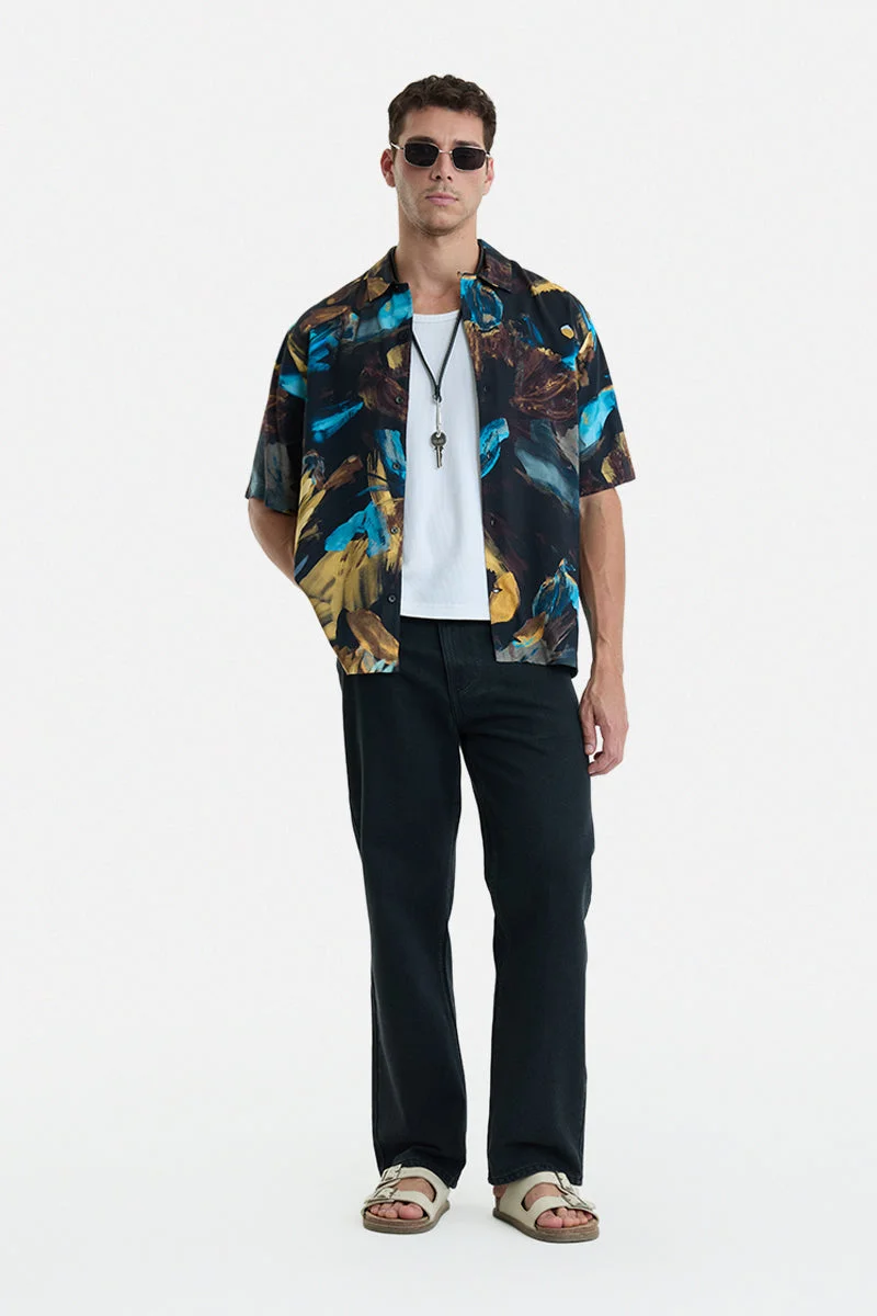 SNITCH Black Abstract Half Sleeve Oversized Vacation Shirt
