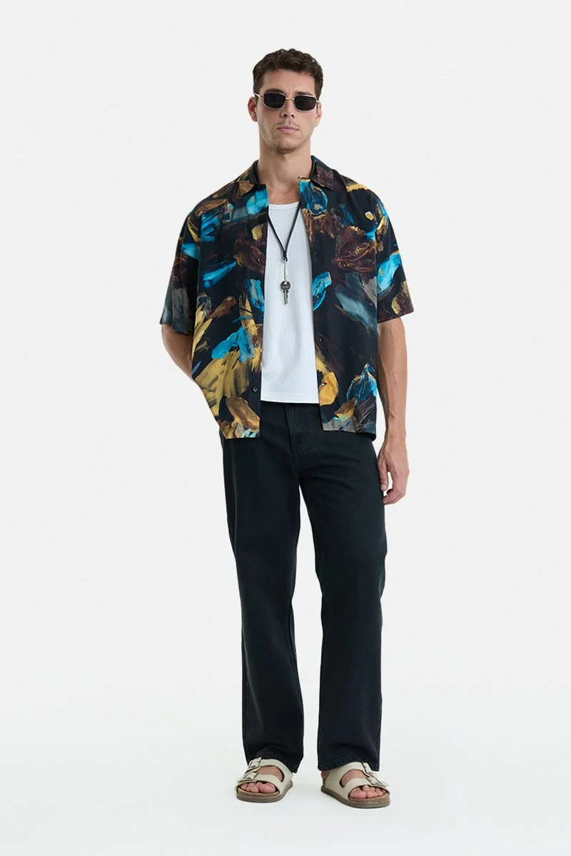 سنيتش Black Abstract Half Sleeve Oversized Vacation Shirt