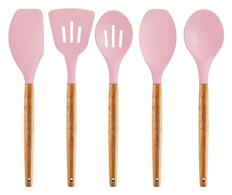 P plus fire Set of 5 Piece Silicone spatulas Cooking Utensil Set with Natural Acacia Hard Wood HandleWOODEN5APPLUS Pink - Image 1