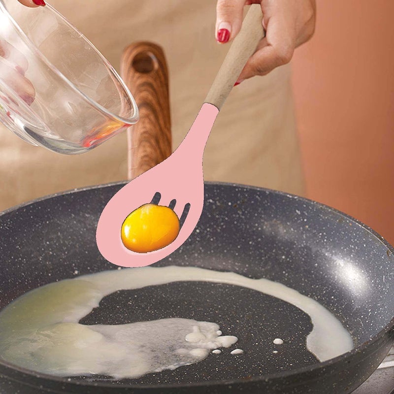 P plus fire Set of 5 Piece Silicone spatulas Cooking Utensil Set with Natural Acacia Hard Wood HandleWOODEN5APPLUS Pink - Image 2