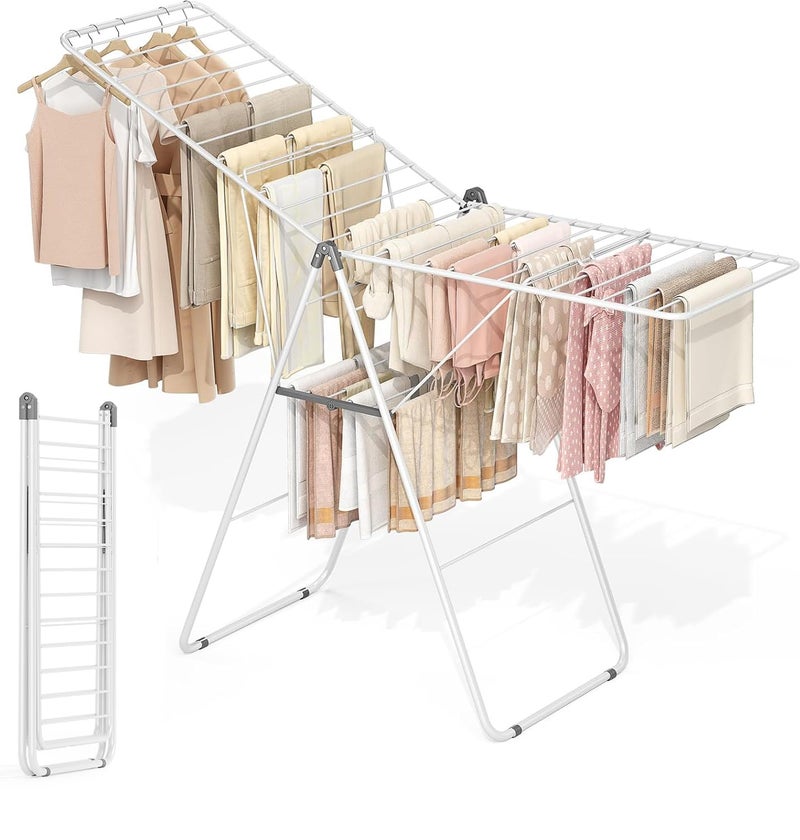 APEXCHASER Clothes Drying Rack, Foldable Drying Rack Clothing, Sturdy Metal Laundry Drying Rack, Height-Adjustable Gullwing, Easy to Fold, Space-Saving, for Indoor Outdoor, White - Image 1