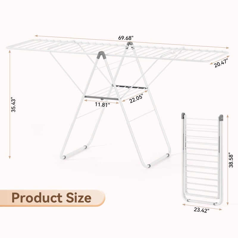 APEXCHASER Clothes Drying Rack, Foldable Drying Rack Clothing, Sturdy Metal Laundry Drying Rack, Height-Adjustable Gullwing, Easy to Fold, Space-Saving, for Indoor Outdoor, White - Image 2