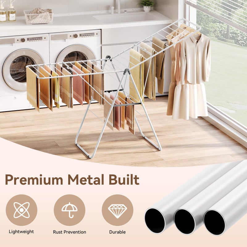 APEXCHASER Clothes Drying Rack, Foldable Drying Rack Clothing, Sturdy Metal Laundry Drying Rack, Height-Adjustable Gullwing, Easy to Fold, Space-Saving, for Indoor Outdoor, White - Image 3
