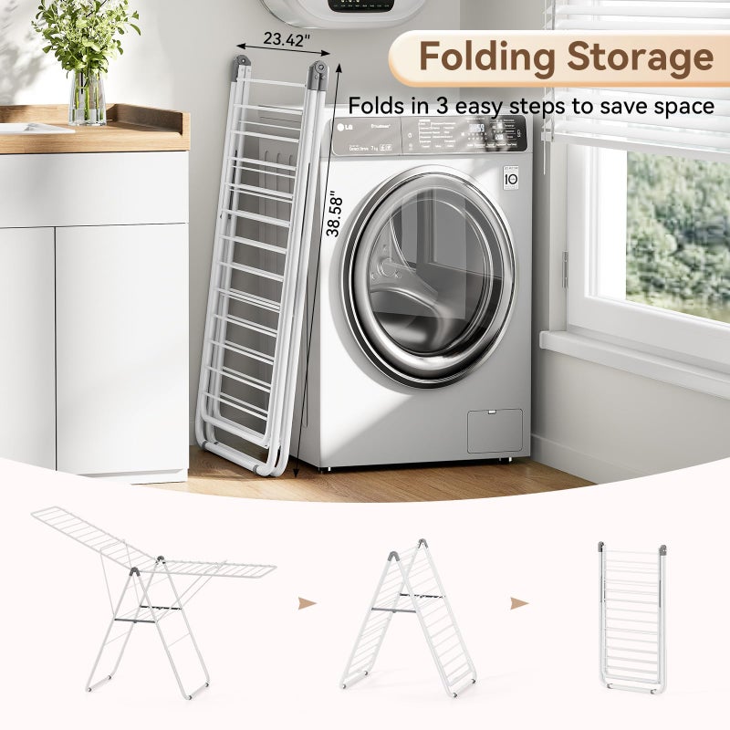APEXCHASER Clothes Drying Rack, Foldable Drying Rack Clothing, Sturdy Metal Laundry Drying Rack, Height-Adjustable Gullwing, Easy to Fold, Space-Saving, for Indoor Outdoor, White - Image 4