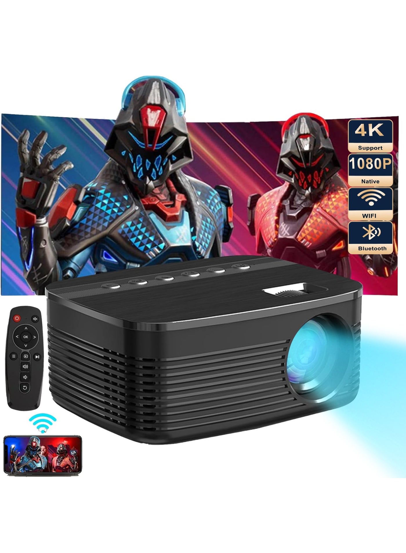 Portable 4K Support Projector, 1080P Mini Smart TV Projector, Outdoor HD Movie Projector, Mobile Home Theater with Auto Focus, WiFi and Bluetooth Built-in Speakers Compatible With Phone/Windows/TV