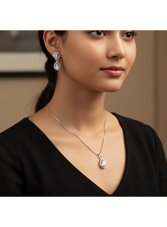 Pretty Precious Elegant American Diamond Pendant Set for Women | Rhodium Plated CZ Jewellery | Necklace with Matching Earrings - Image 1