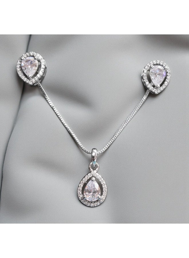 Pretty Precious Elegant American Diamond Pendant Set for Women | Rhodium Plated CZ Jewellery | Necklace with Matching Earrings - Image 3