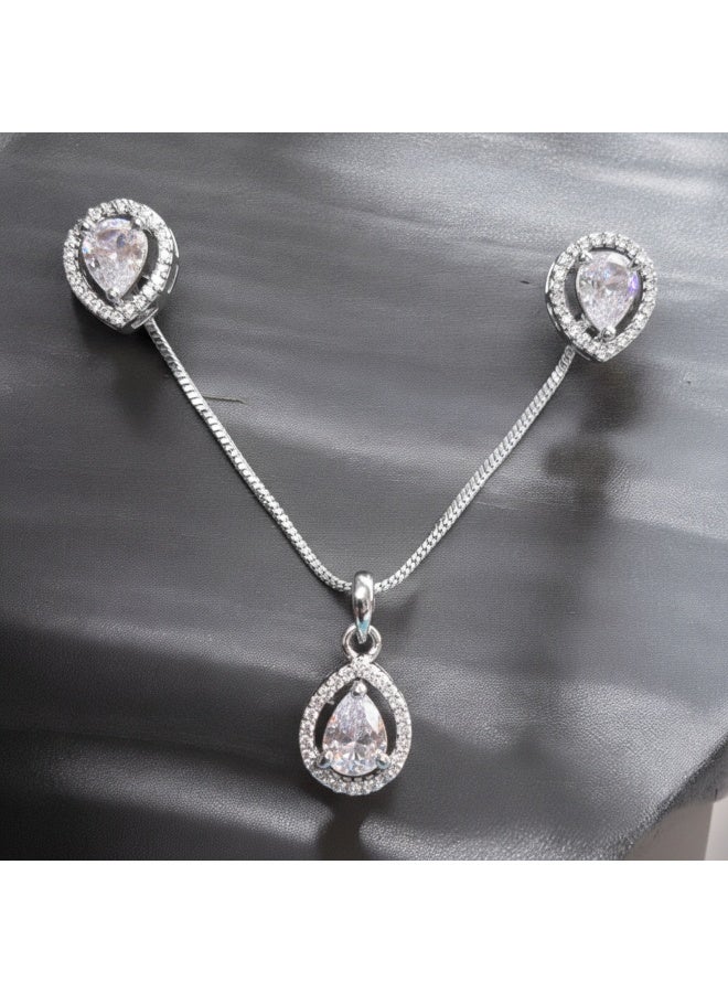 Pretty Precious Elegant American Diamond Pendant Set for Women | Rhodium Plated CZ Jewellery | Necklace with Matching Earrings - Image 2