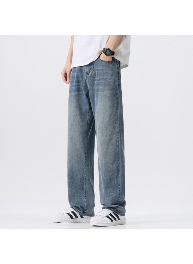 Men's American Washed Distressed Lyocell Jeans Men's Summer Tencel Thin Loose Straight-leg Pants