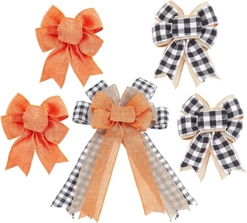 CHGCRAFT 5Pcs 3 Styles Thanksgiving Bows for Wreaths Decorations Black White Plaid Orange Gift Bows for Fall Thanksgiving Party Indoor Outdoor Door Wall Decoration Supplies, 45mm 175mm - Image 1