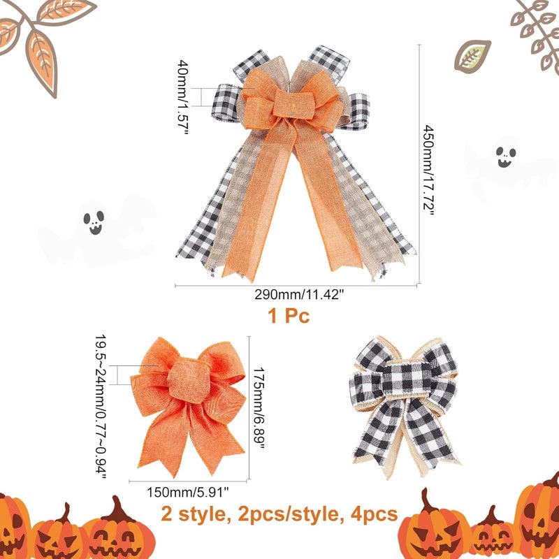 CHGCRAFT 5Pcs 3 Styles Thanksgiving Bows for Wreaths Decorations Black White Plaid Orange Gift Bows for Fall Thanksgiving Party Indoor Outdoor Door Wall Decoration Supplies, 45mm 175mm - Image 2